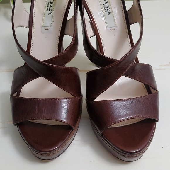 Prada | Brown Vit Shine Leather Platform Slingback Strappy Heels Sz 37 - Picture 6 of 13